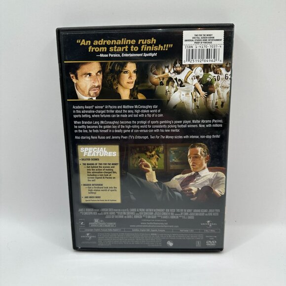 Two For The Money Full Screen Al Pacino Matthew McConaughey Universal R DVD - Picture 3 of 5